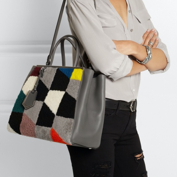 Fendi 2Jours Leather & Multicolor Shearling Tote - Picture 3 of 16